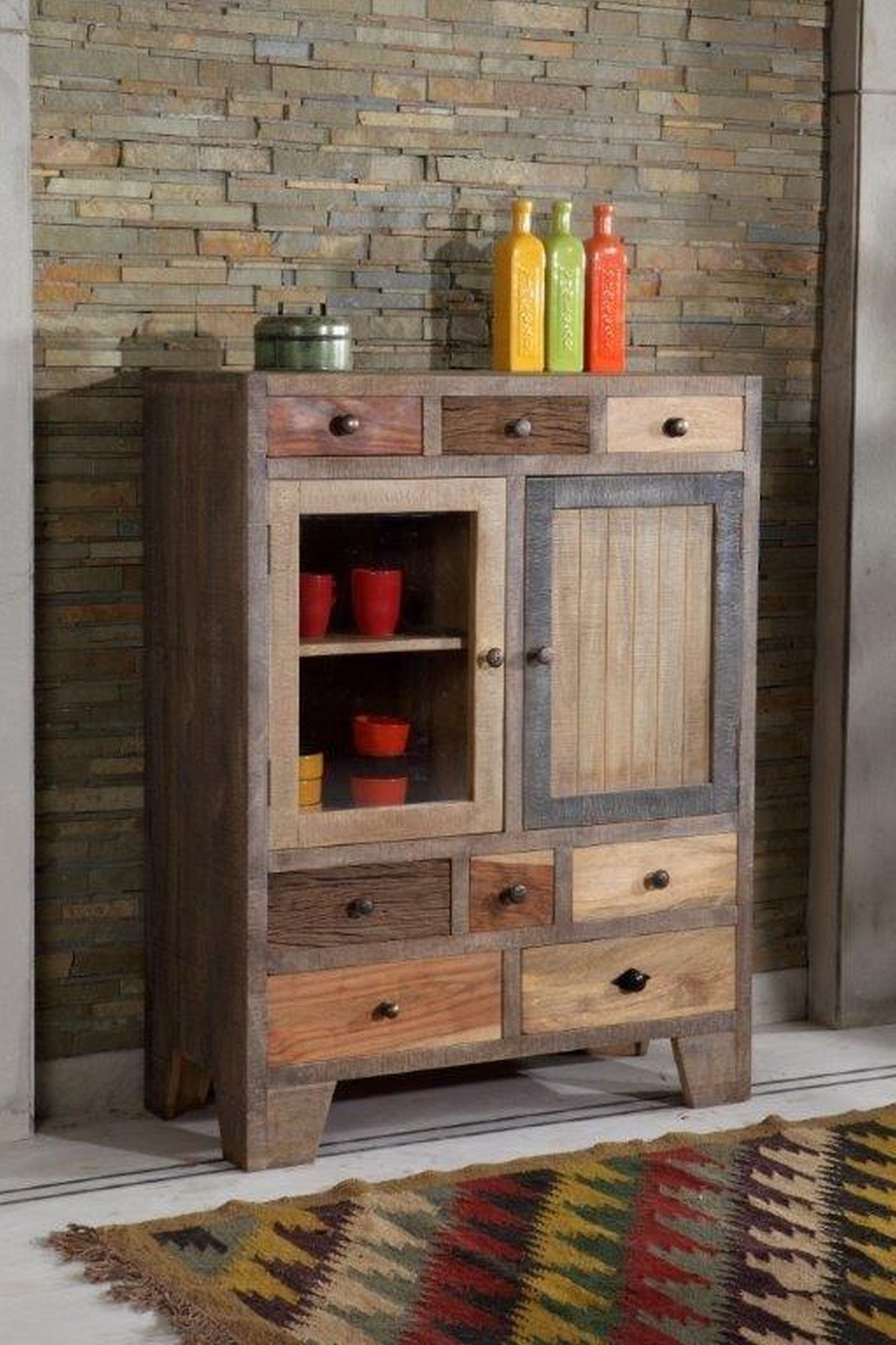 Sideboard Holz Glas 118 cm hoch Grau Natur Schwarz Moebel, Anrichte, Drinnen, Innenarchitektur, Schrank