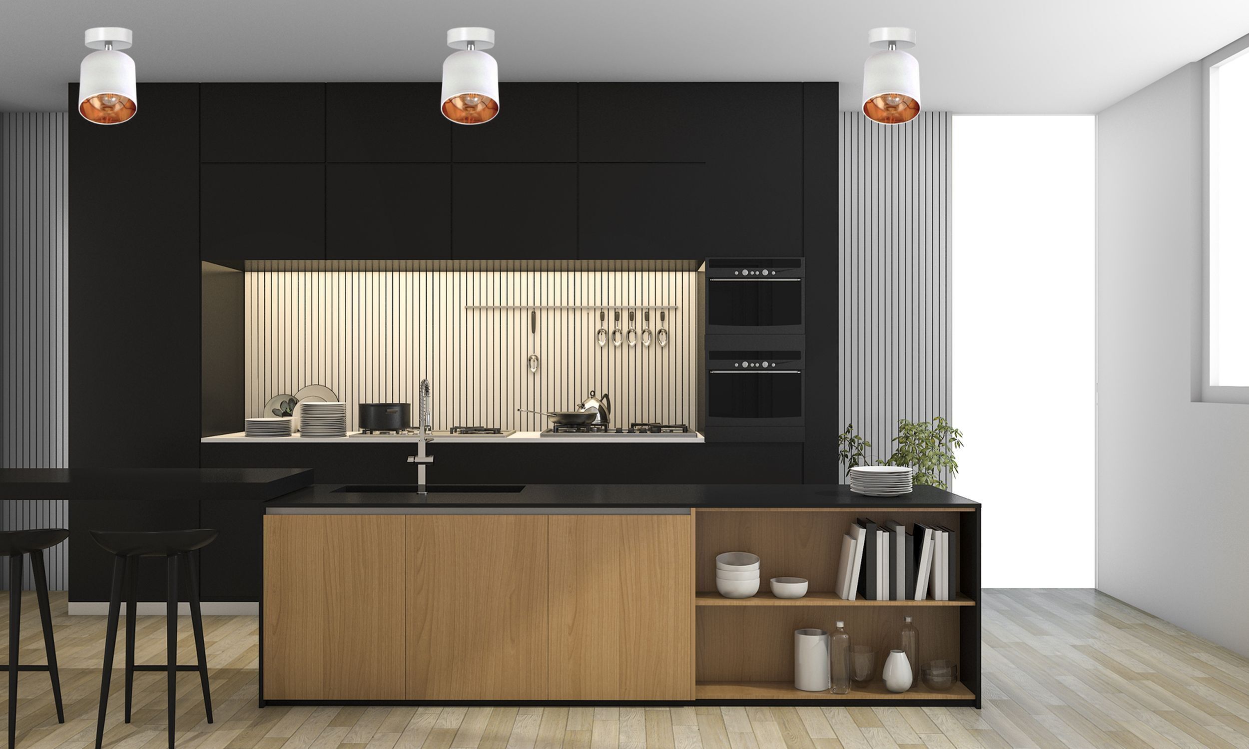 Flexibler Deckenstrahler Stoff E27 blendarm Weiß Gold kitchen, Küchentheke, schwarze Schränke, Insel, holzregal