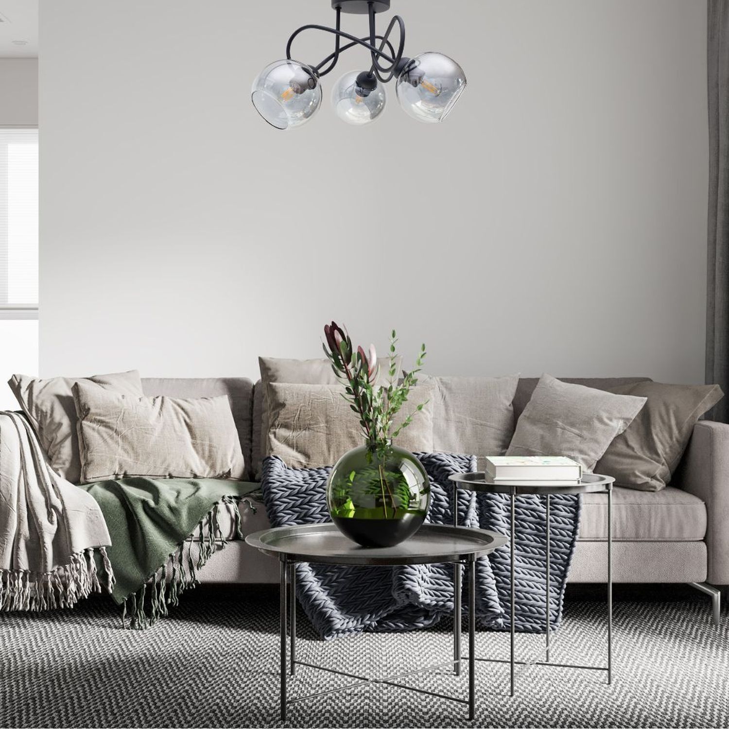 Schwarze Deckenlampe Rauchglas Metall E27 3-flammig Dekoration für Zuhause, Tabelle, Couch, Kaffeetisch, Schreibtisch