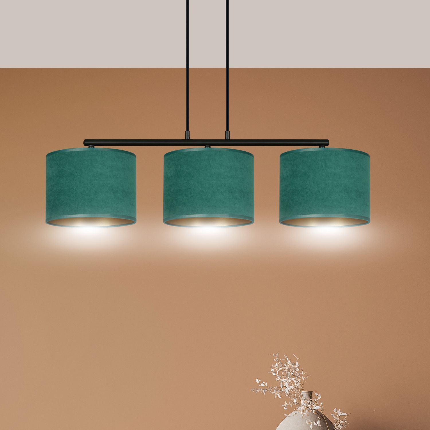Lampe à suspendre tissu métal L : 72 cm noir vert or 3x E27
