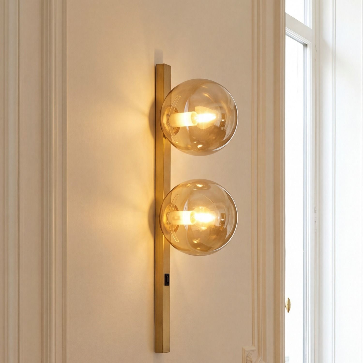 Wandlampe Bernstein Glas Schalter Gold E14 60 cm 2-flmg Wandleuchte, Balken-Lampe, Glasglobus, LED-Lampe, Wandlampe