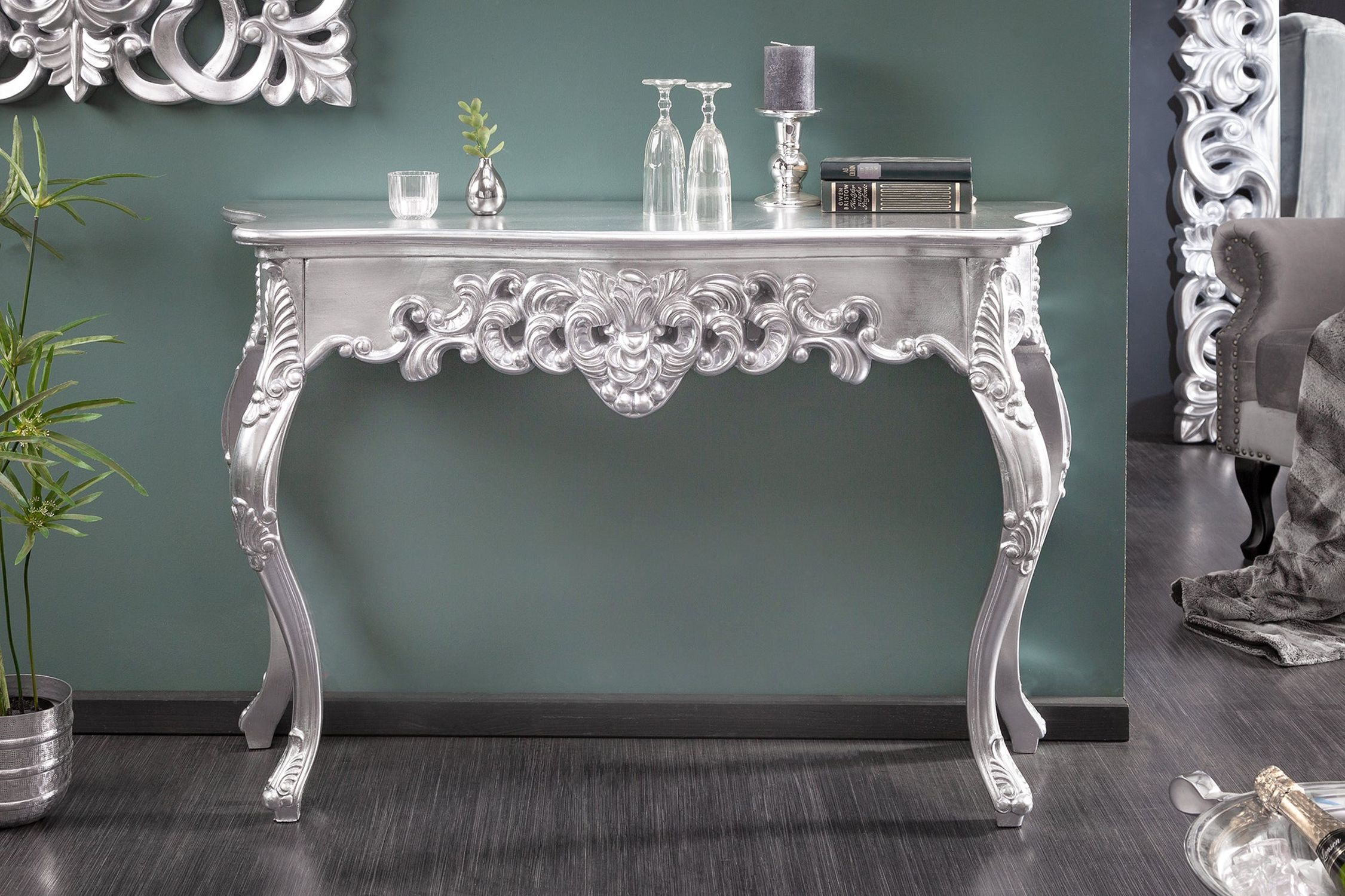 Table console bois polyuréthane argent 110 cm artisanale