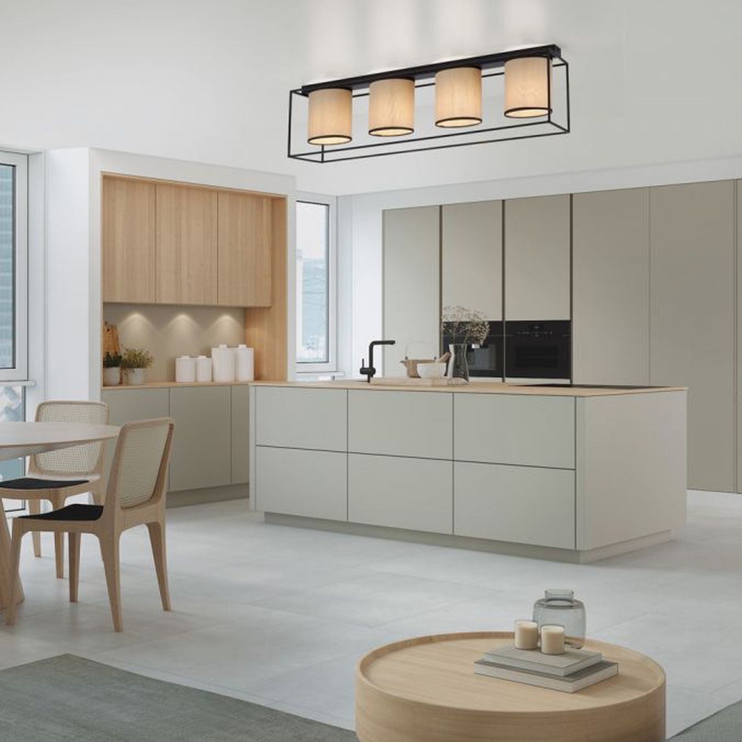 Deckenlampe Stoff Metall Beige Schwarz E27 4-flammig Drinnen, Innenarchitektur, Tabelle, Küche, Inneneinrichtung