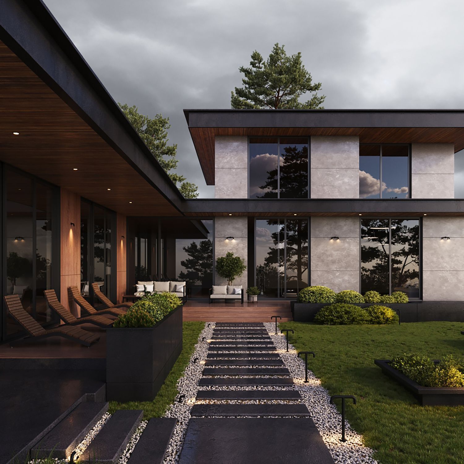 modernes Haus, zweistöckig, Glasfront, Natursteinwände, Gartenlandschaft