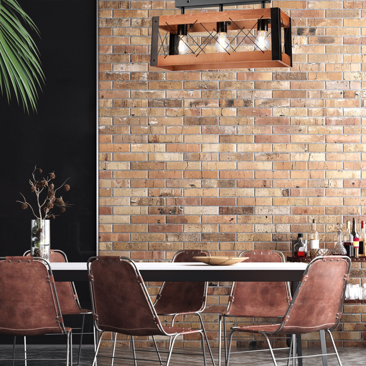 Deckenleuchte Holz Metall Rustikal L: 53 cm Schwarz 3x E27 Innenarchitektur, Esszimmer, Esstisch, Backstein, Mauer