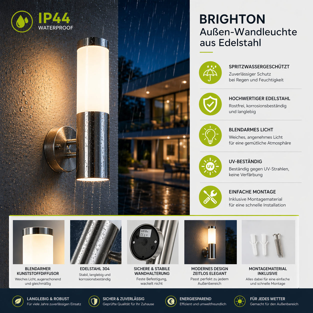 aussenwandleuchte-aussenlampe-brighton-edelstahl-ip44-qualitaets-siegel-2 Außenleuchte, Wandleuchte, Edelstahl, IP44, Beleuchtung