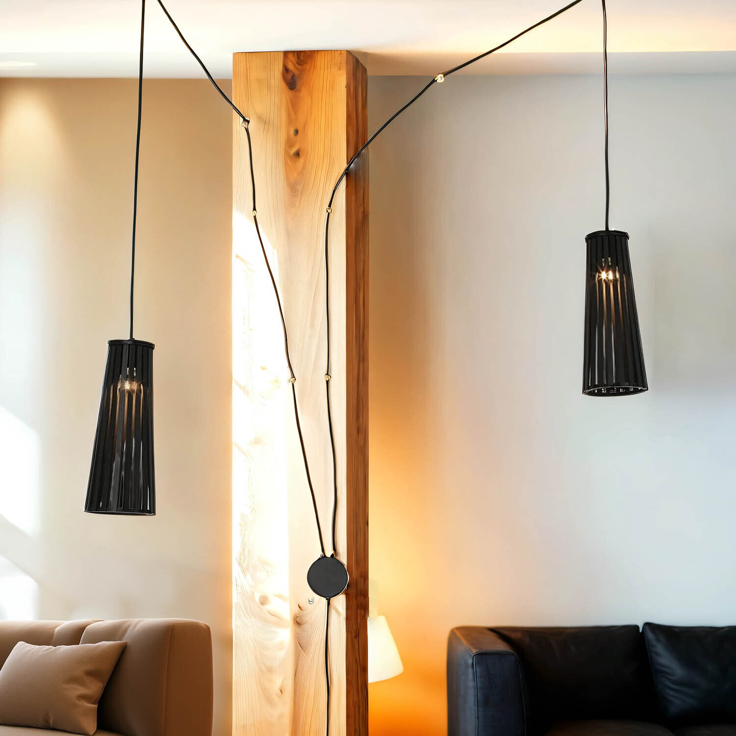 pendant lights, hängelampe, schwarze lampe, ambientebeleuchtung, holzsäule