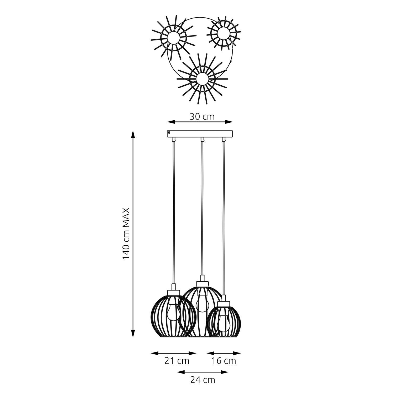 Lampe à suspendre métallique E27 3 flammes L:30 cm rond noir