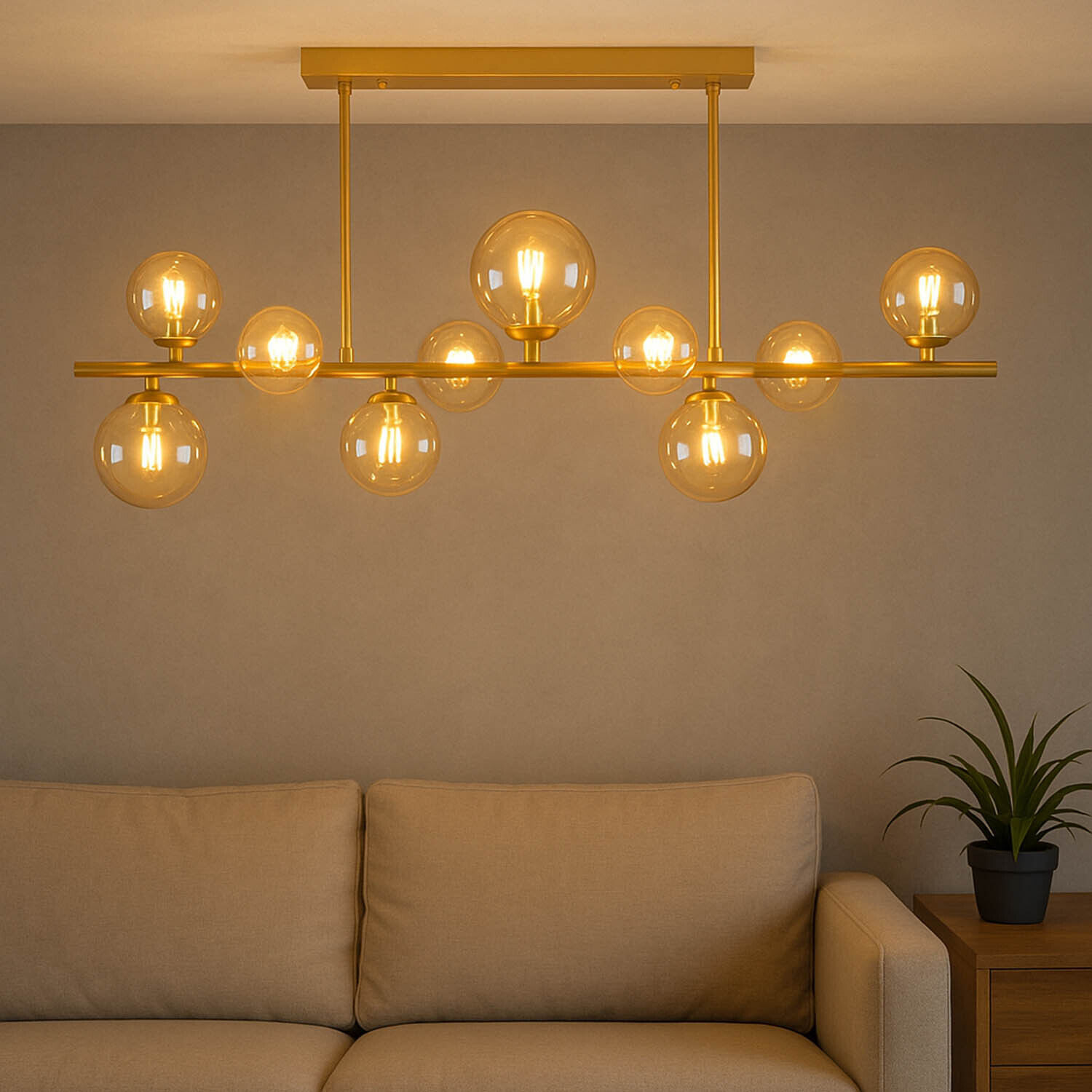 Deckenleuchte Rauchglas Metall 87 cm lang Creme Gold 10x G9 Lampe, Couch, Kronleuchter, Beleuchtung, Leuchte