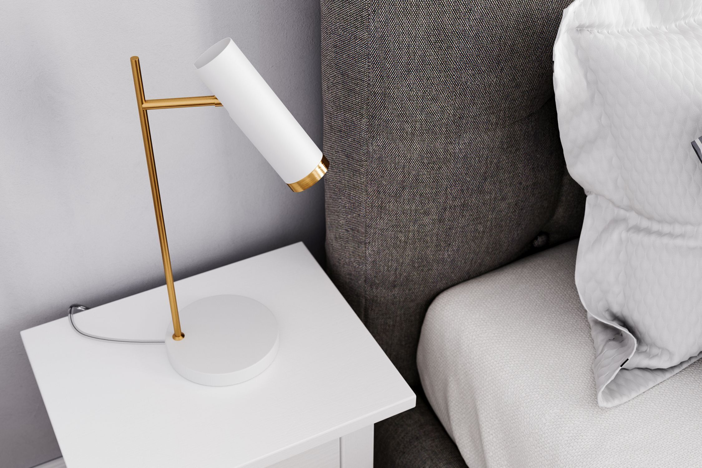 Tischlampe, weiße Lampe, Goldfarbene Akzente, Nachttischlampe, Wohnaccessoire