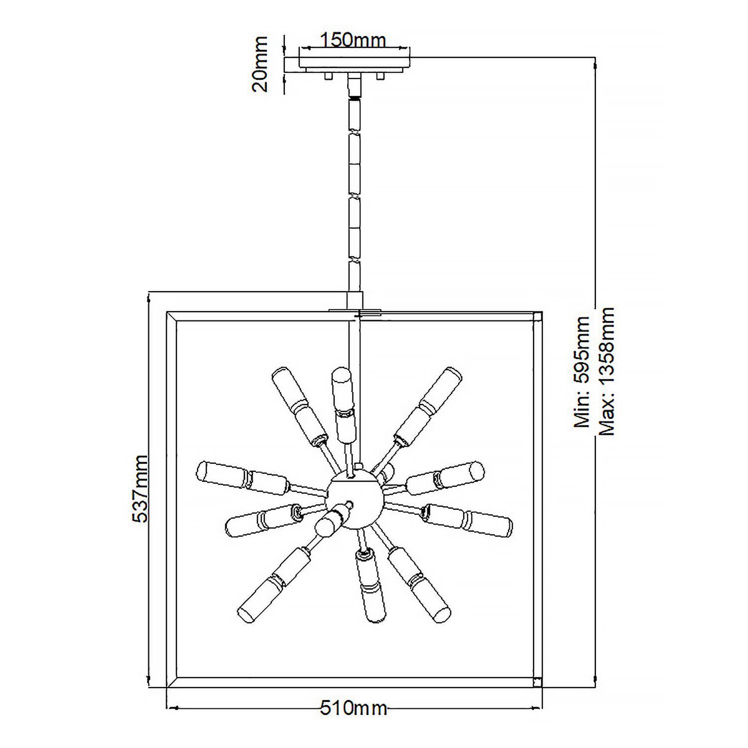 Pendelleuchte Metall B: 51 cm Messing Schwarz 12x E14 CAD-Diagramm, Diagramm