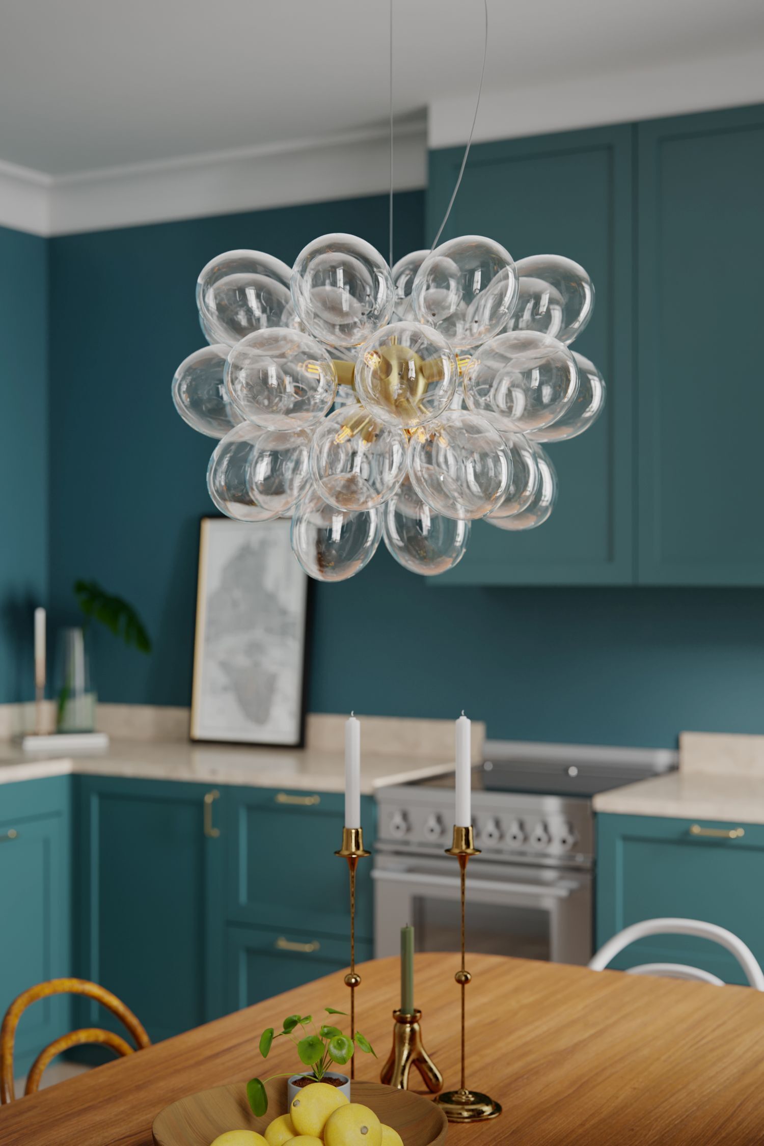 Hängelampe Glas Metall B: 50 cm H: max. 120 cm in Gold Leuchter, Lampe, Esszimmer, Esstisch, Tisch