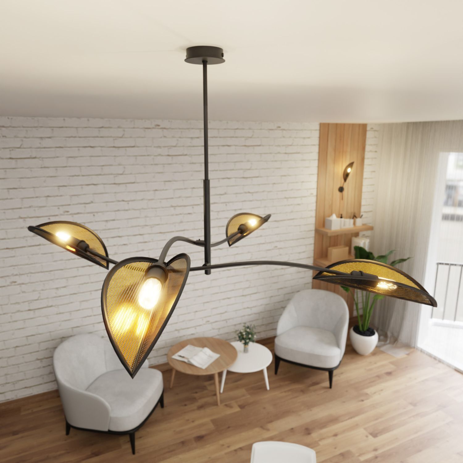 deckenleuchte-wohnzimmerlampe-modern-deckenleuchte-gold-becka-4x-e14-bis-10w-schwarz-gold-modern-design-le111095-03 hängelampe, pendellampe, metallrahmen, leuchtenkonstruktion, goldene schirme