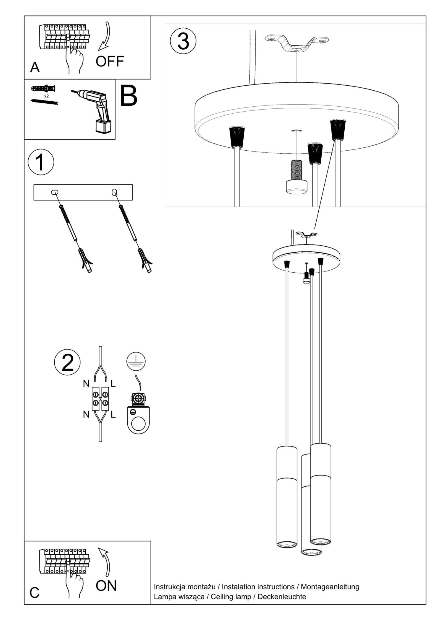 Lampe à suspendre 3 flammes noire nature réglable