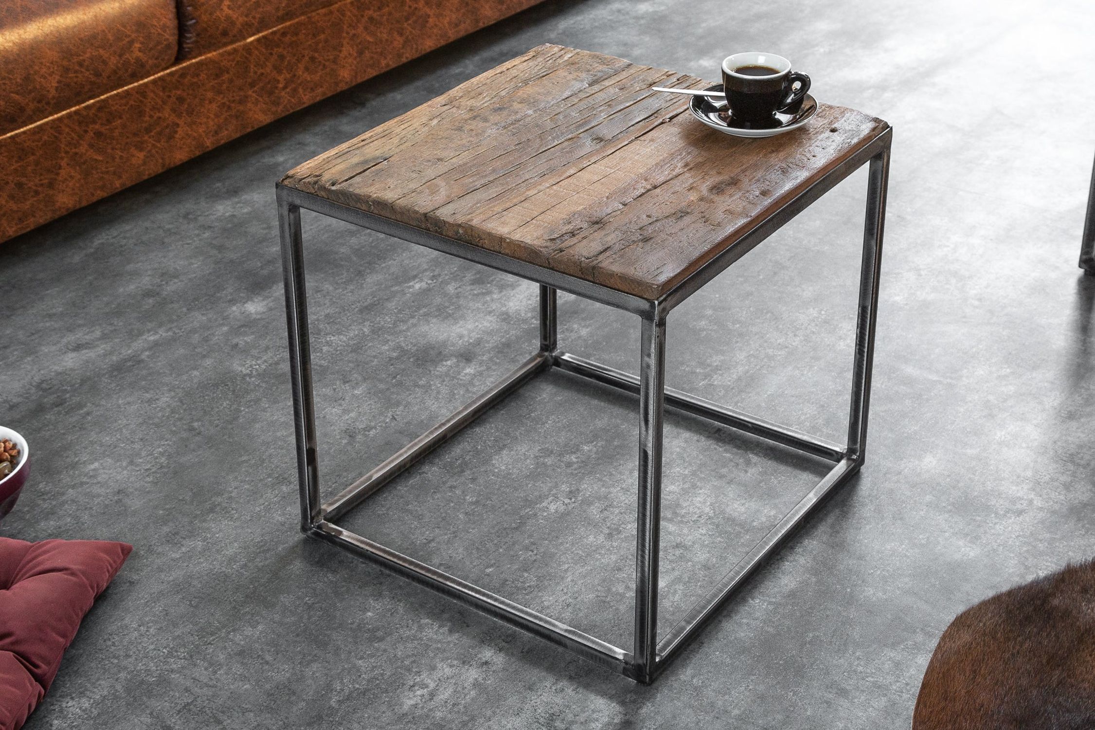 Table d'appoint Bois recyclé Métal 40x40 cm Artisanat