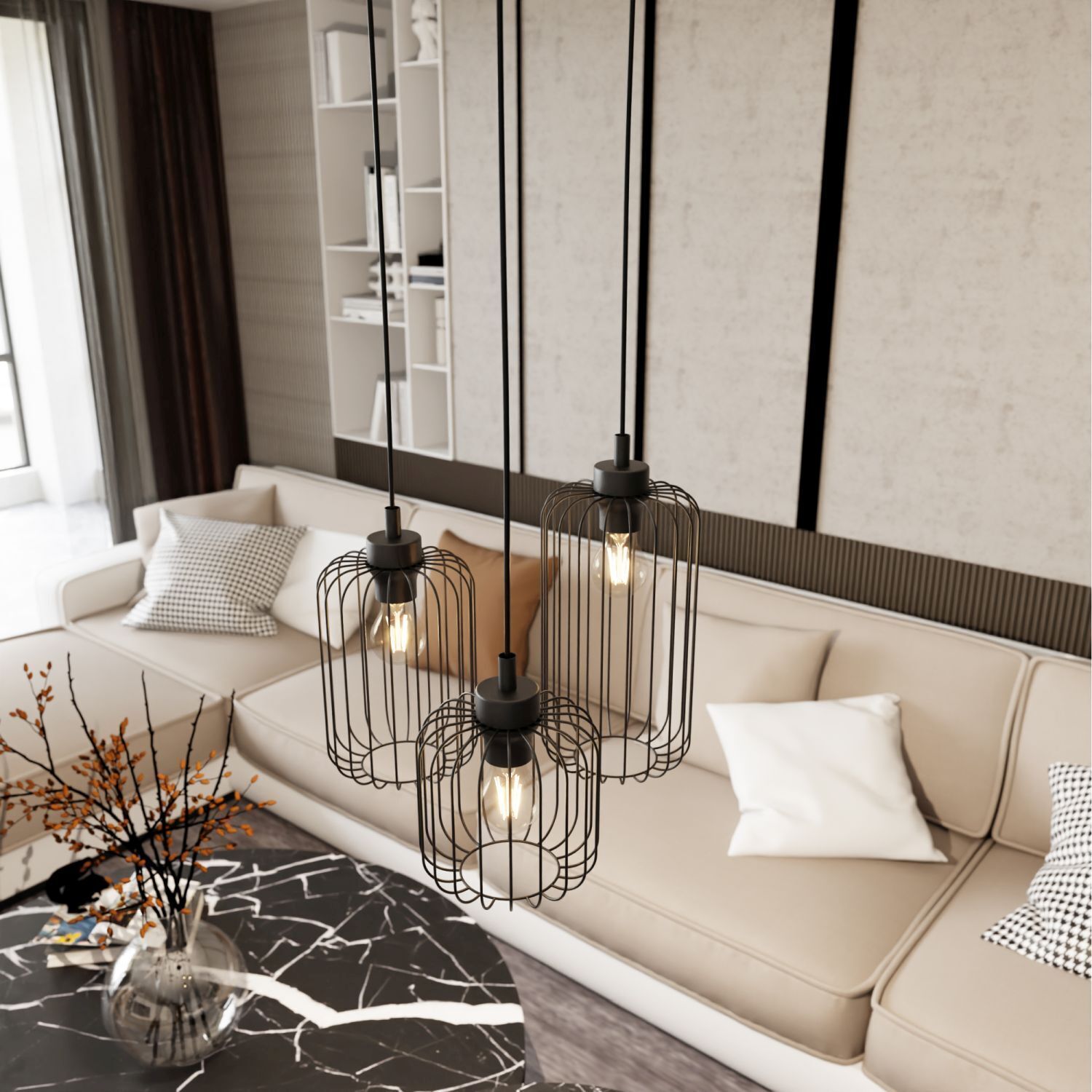 Dekorative Pendelleuchte Metall Schwarz E27 B:30 cm Pendelleuchten, Metallgitter, Wohnzimmer, Sofa, Marmor-Tisch