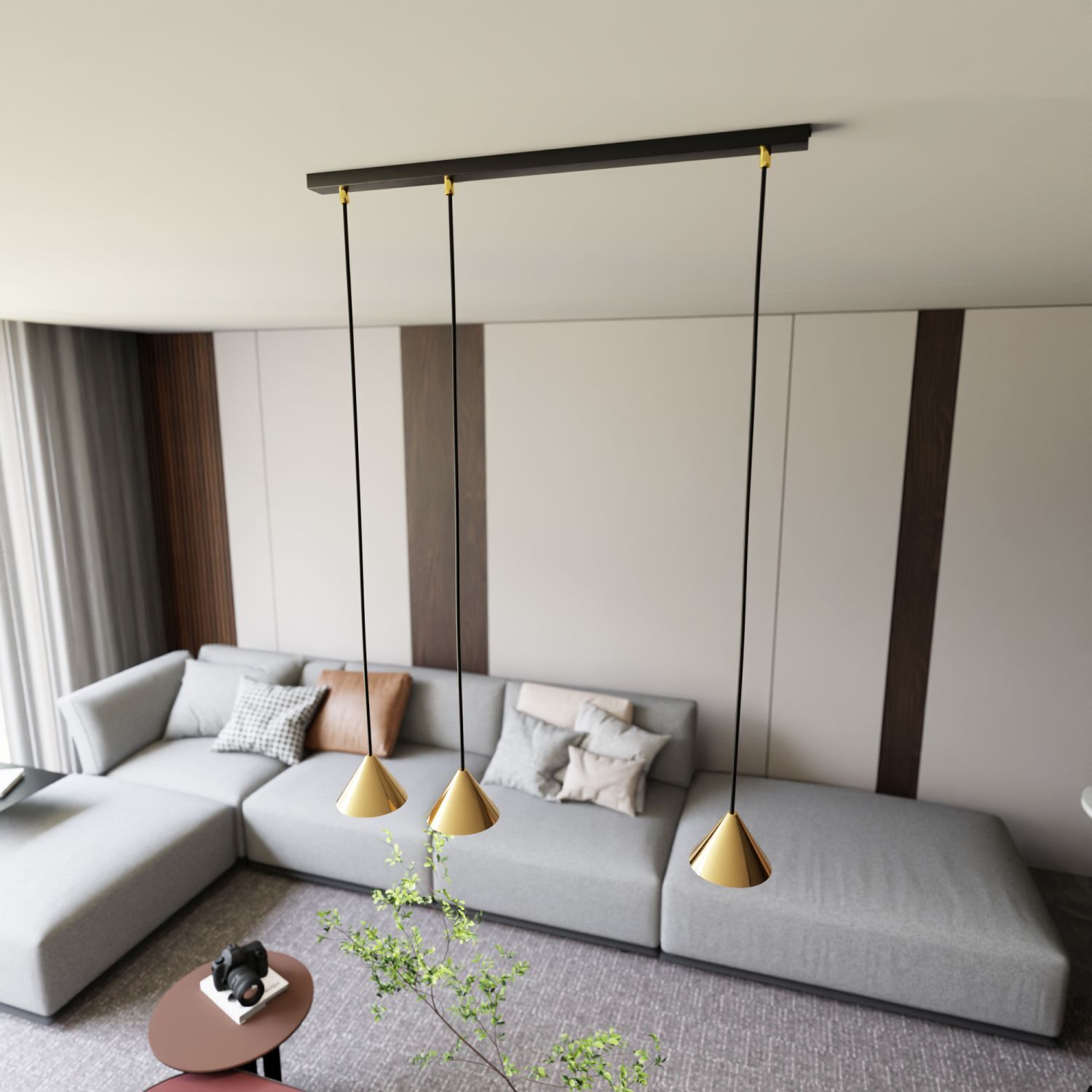 Hängelampe Metall B: 70 cm in Schwarz Gold GX53 3-flammig