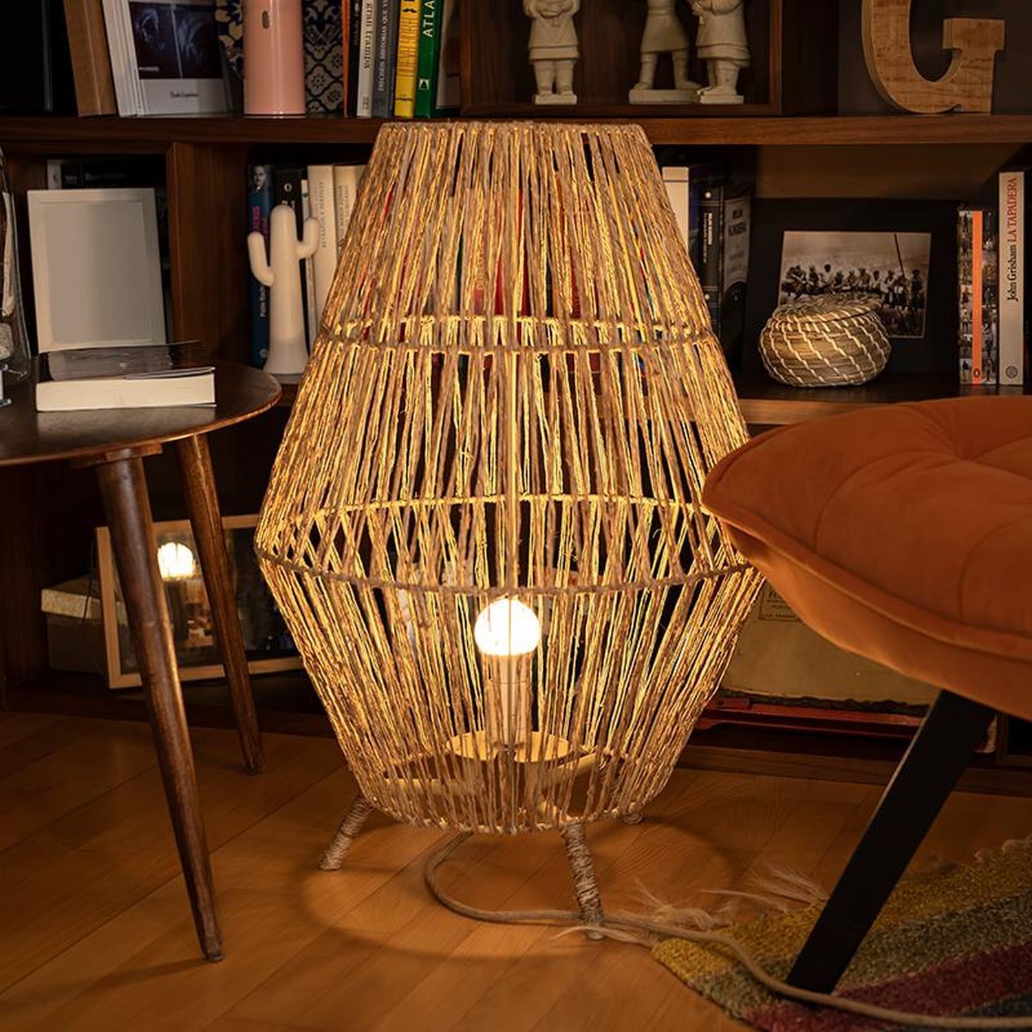Tischleuchte Rattan H: 72 cm E27 groß Dreibein Boho Lampe, Kronleuchter