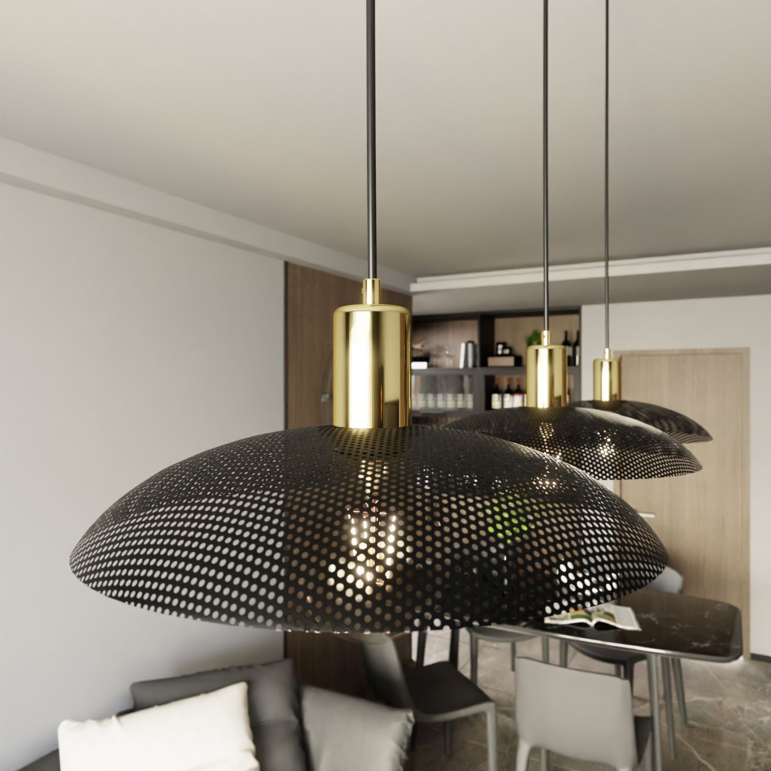 Suspension 3 flammes L : 90 cm Métal noir or E27