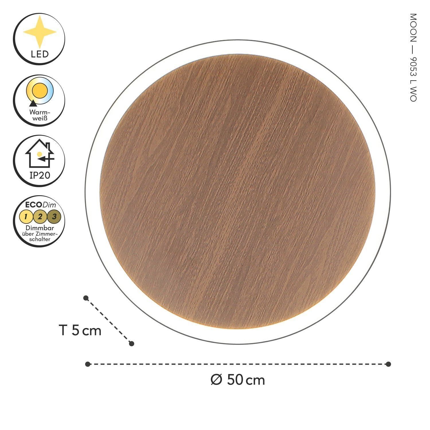 LED Deckenlampe Holz Ø50 cm 3500 K 3 Stufen dimmbar Deckel, Lampendach, runde Lampe, bronzenfarbene, Holzfinish
