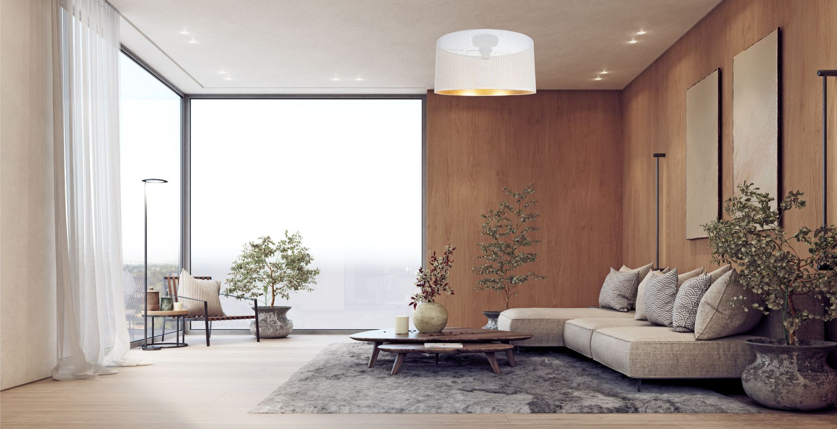 wohnzimmer, sofa, holzwand, pflanzen, tisch