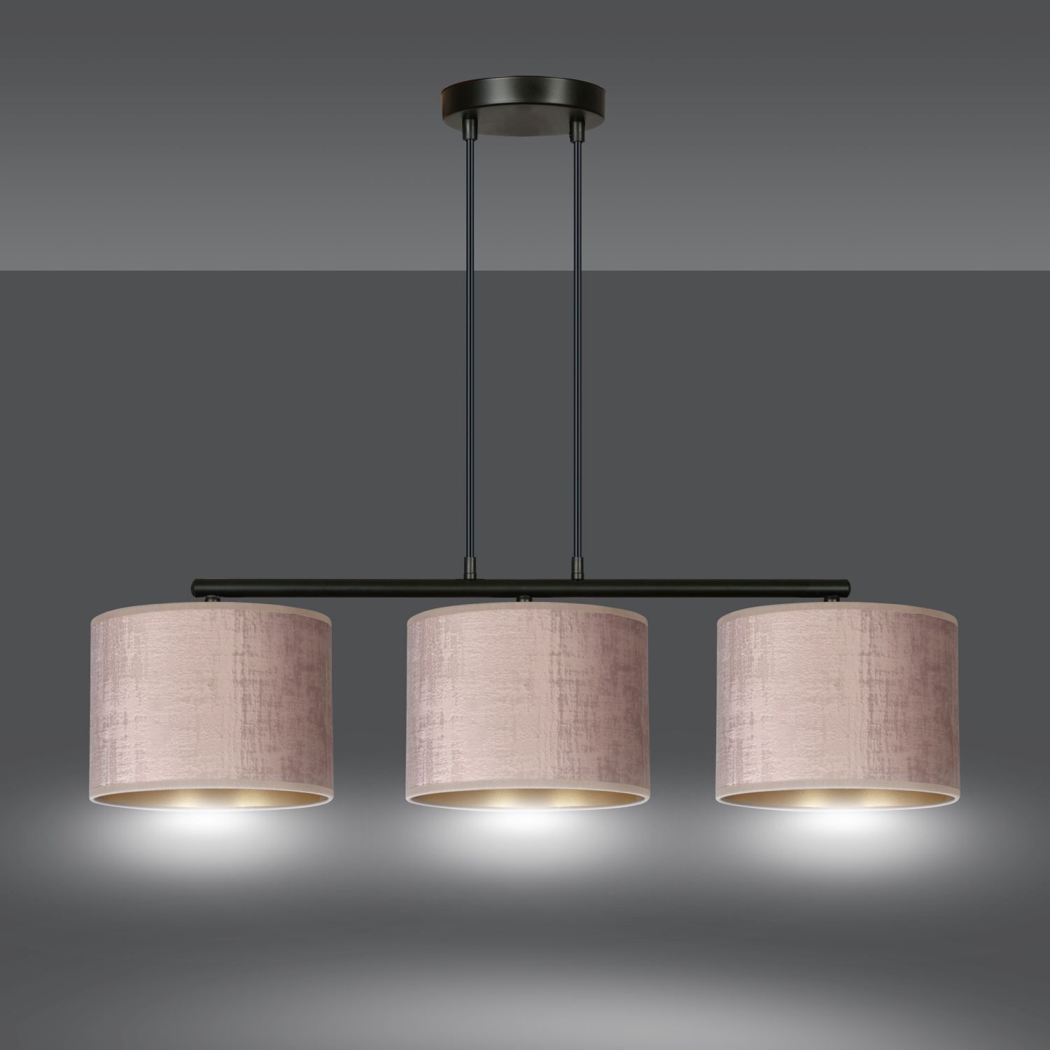 Lampe à suspendre métal tissu L : 72 cm noir rose or 3 flammes