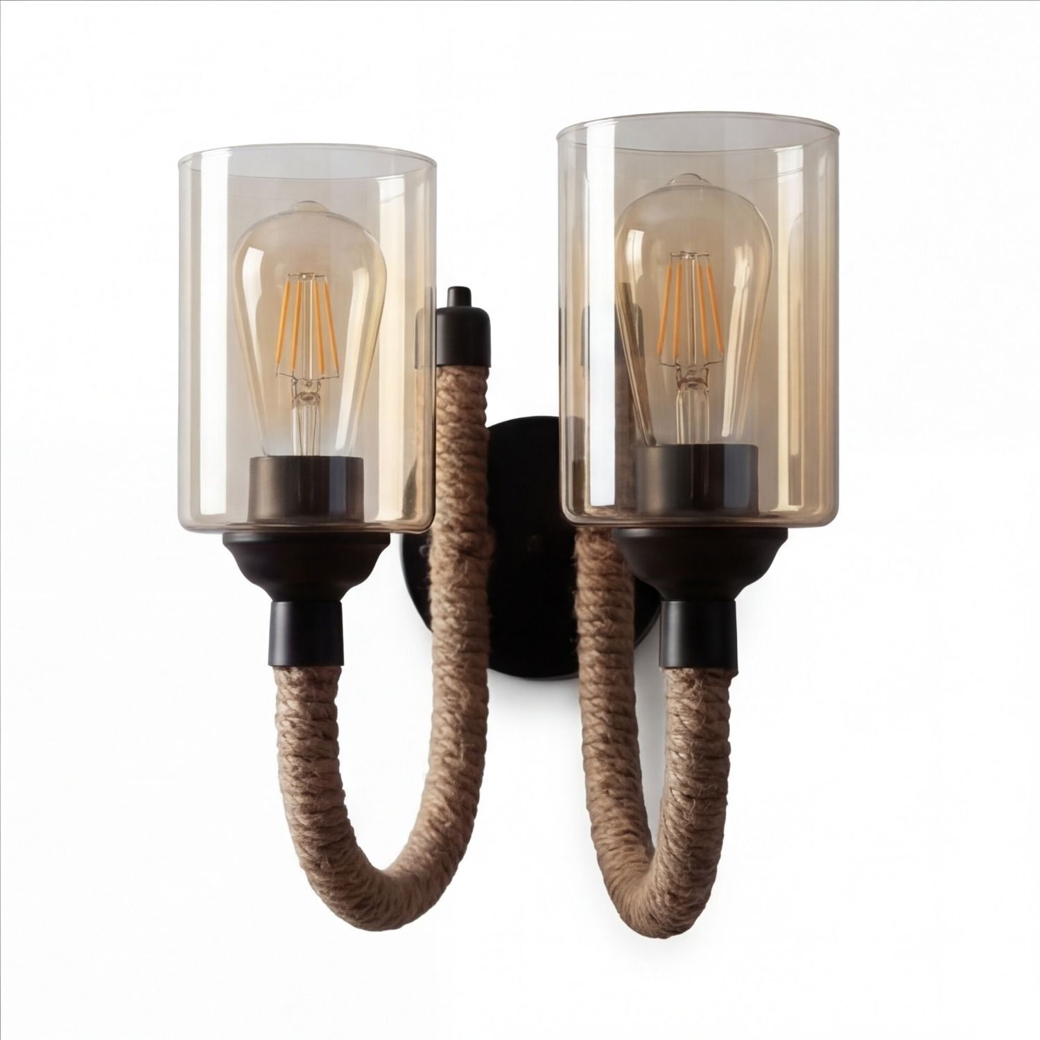 Wandlampe Metall Rauchglas E27 B: 40 cm 2-flammig Wandlampe, Doppel-Wandlampe, Glas-Lampe, Schutzhülle, geflochtenes Kabel
