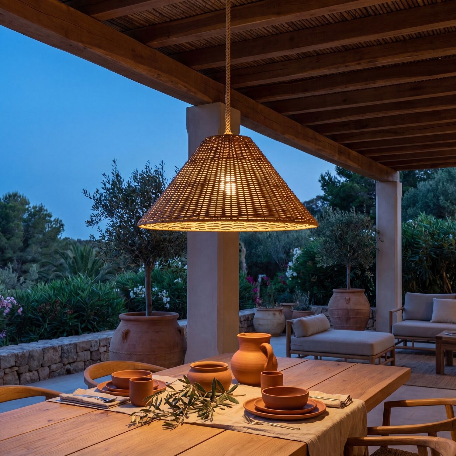 outdoor dining, hängeleuchte aus weaving, gewebte pendellampe, terrakotta-keramik, terrassentisch