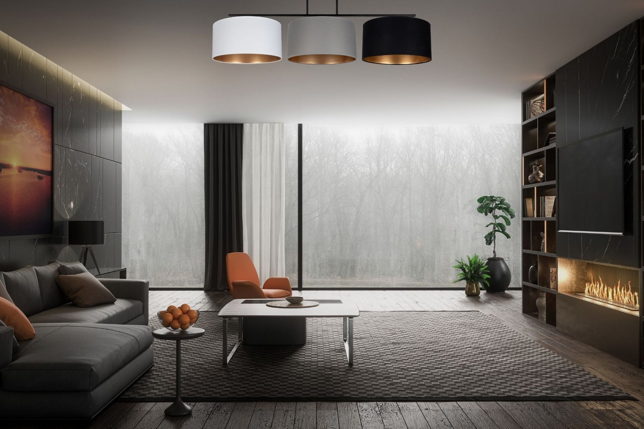 Deckenlampe Stoff Weiß Graphit Schwarz E27 100 cm lang Wohnzimmer, Sessel, Kamin, Teppich, Beleuchtung