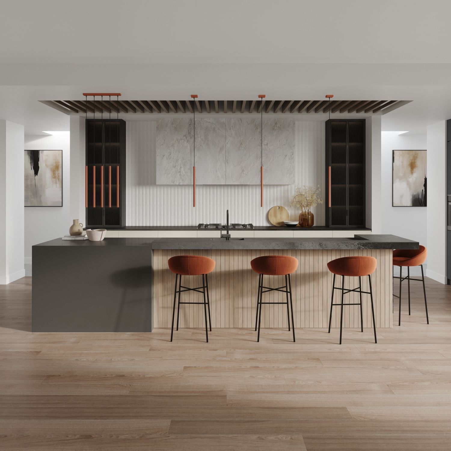 kitchen, island, barhocker, rohrlampen, naturholz