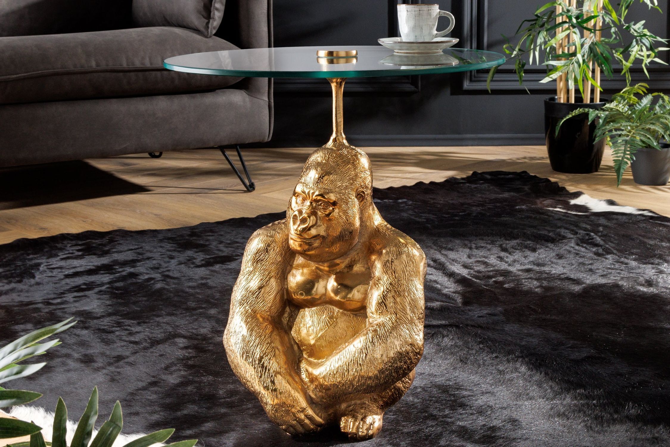 Beistelltisch rund Ø 45 cm Handarbeit Affe in Gold Moebel, Tabelle, Kaffeetisch, Tischplatte, Tasse