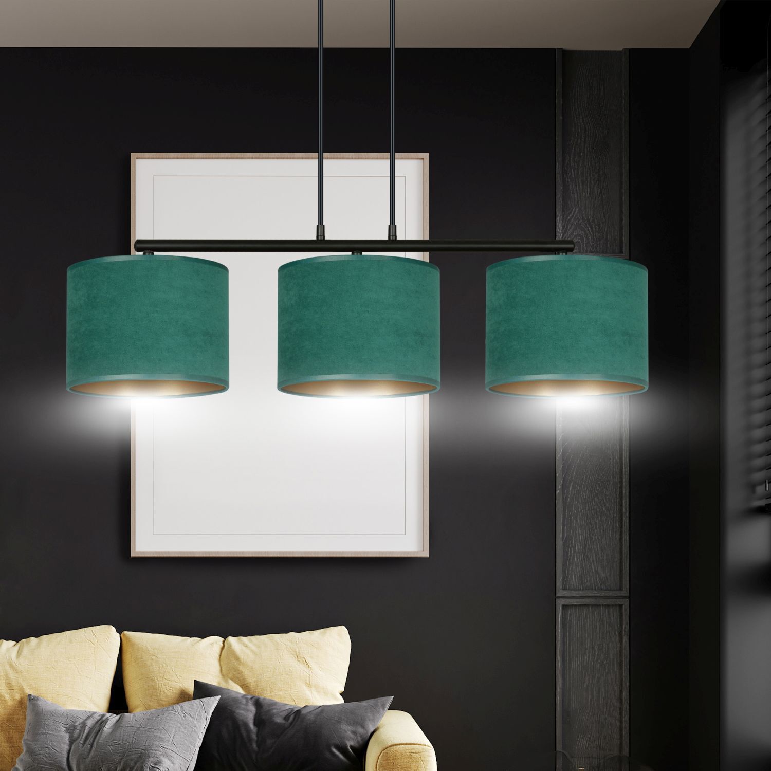 Lampe à suspendre tissu métal L : 72 cm noir vert or 3x E27