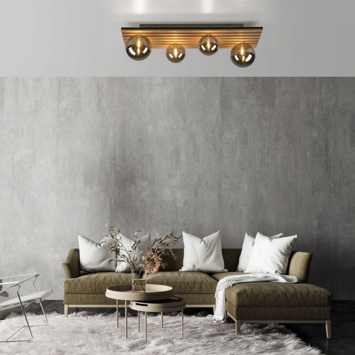 Lampe de plafonnier confortable Boules de verre Bois G9 80 cm Naturel
