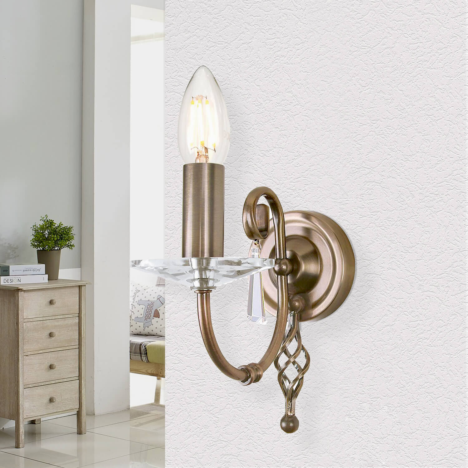 Stilvolle Wandlampe Metall Kristall in Messing antik Pflanze, Leuchte, Kronleuchter, Lampe