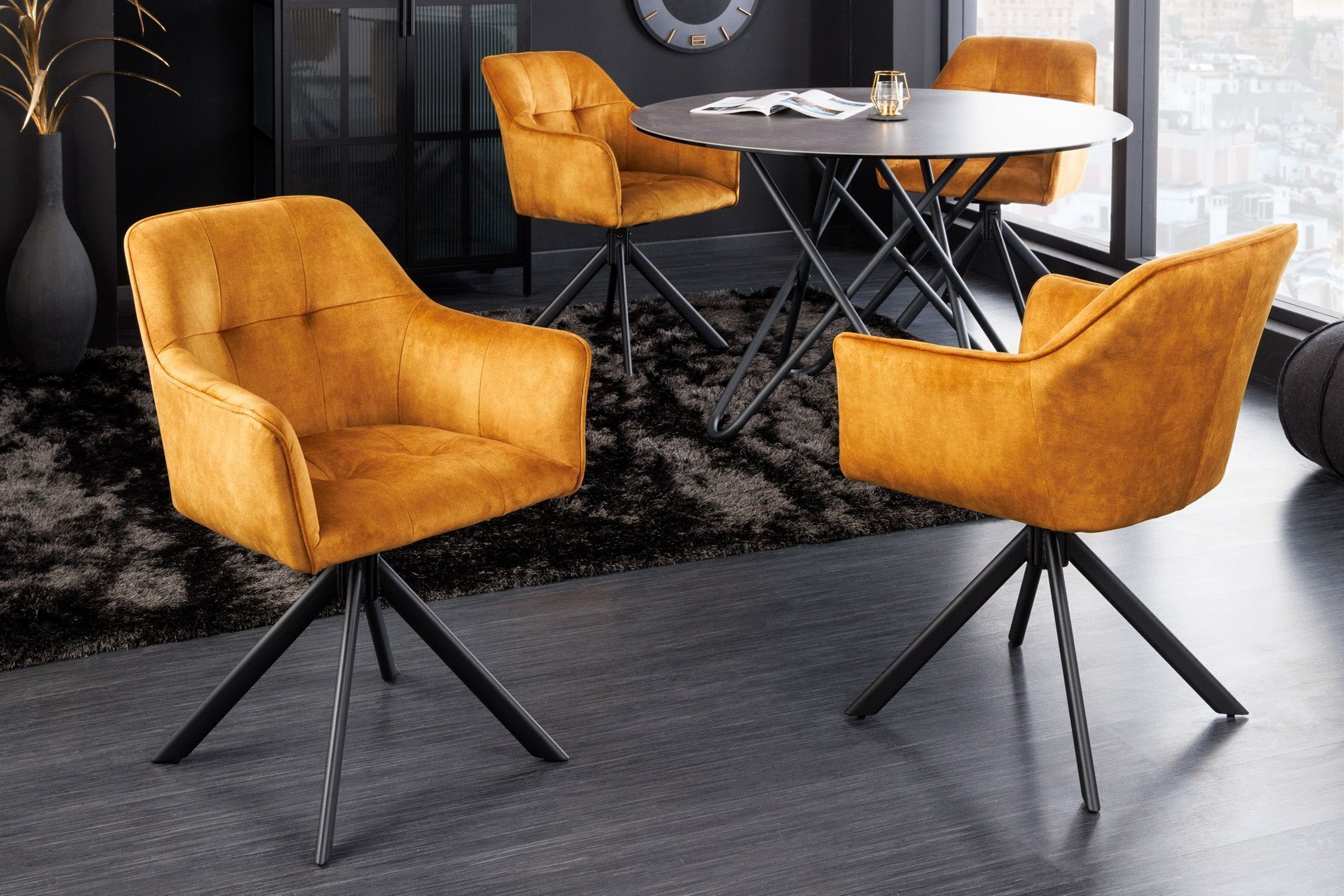 Drehstuhl ohne Rollen Samt Metall Gelb Schwarz mit Armlehne