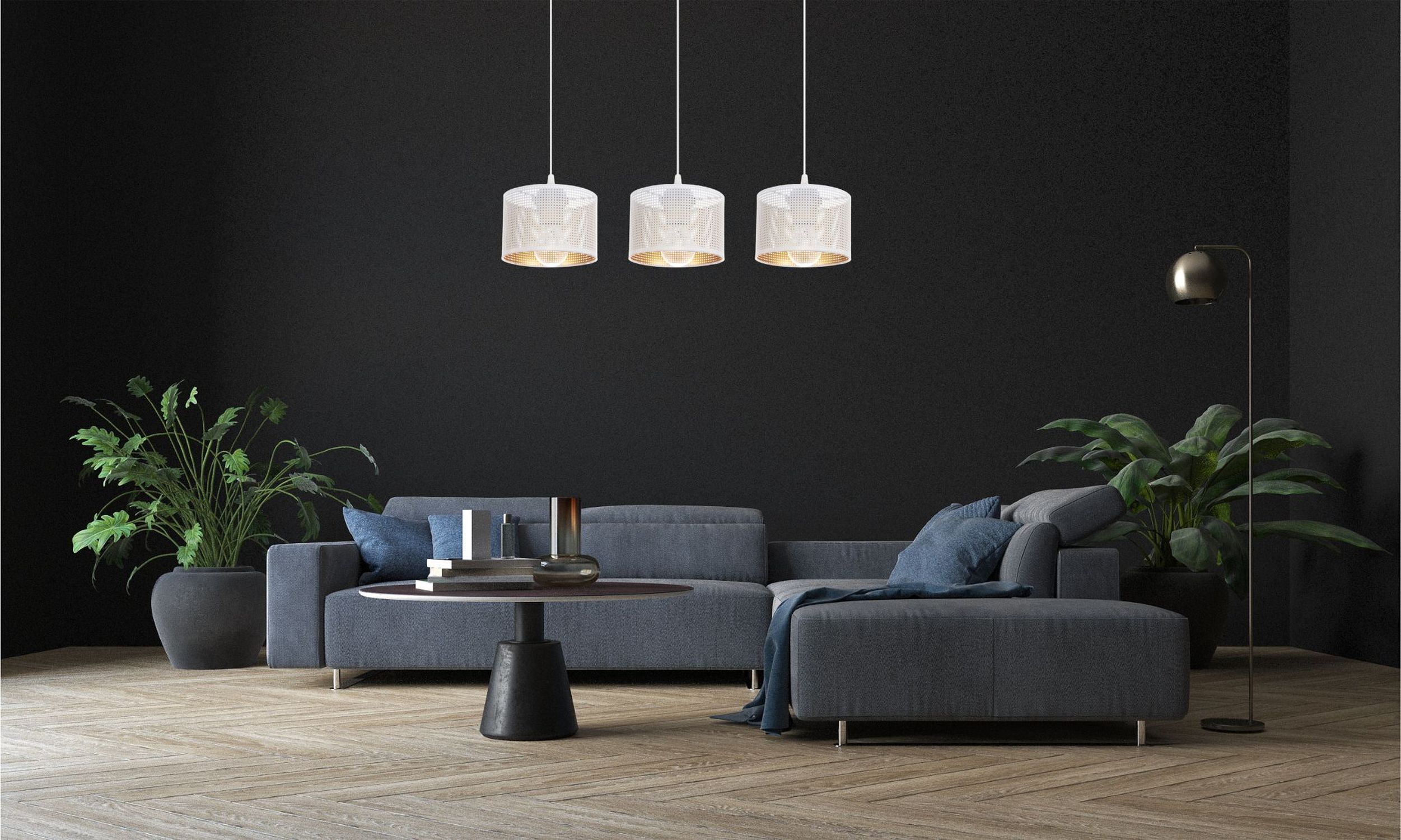 Hängelampe Metall Weiß Gold E27 3-flammig 65 cm lang sofa, Lounge-Set, Sofa-Ecksofa, blaugrau, Wohnzimmer