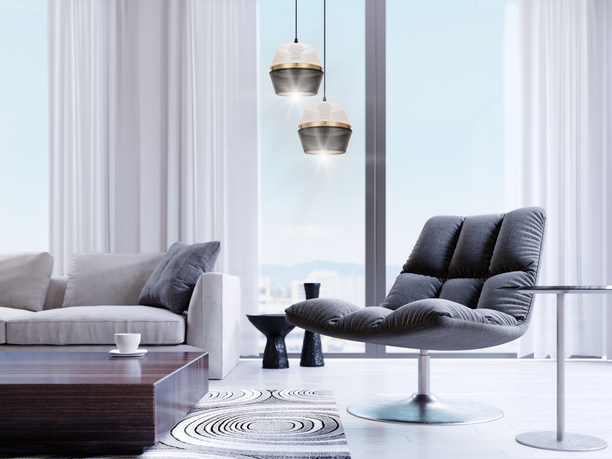 Lampe à suspendre noir blanc or métal 2flmg L:40 cm E27 Moebel, Wohnzimmer, Dekoration Ihres Zuhauses, Stuhl, Innenarchitektur