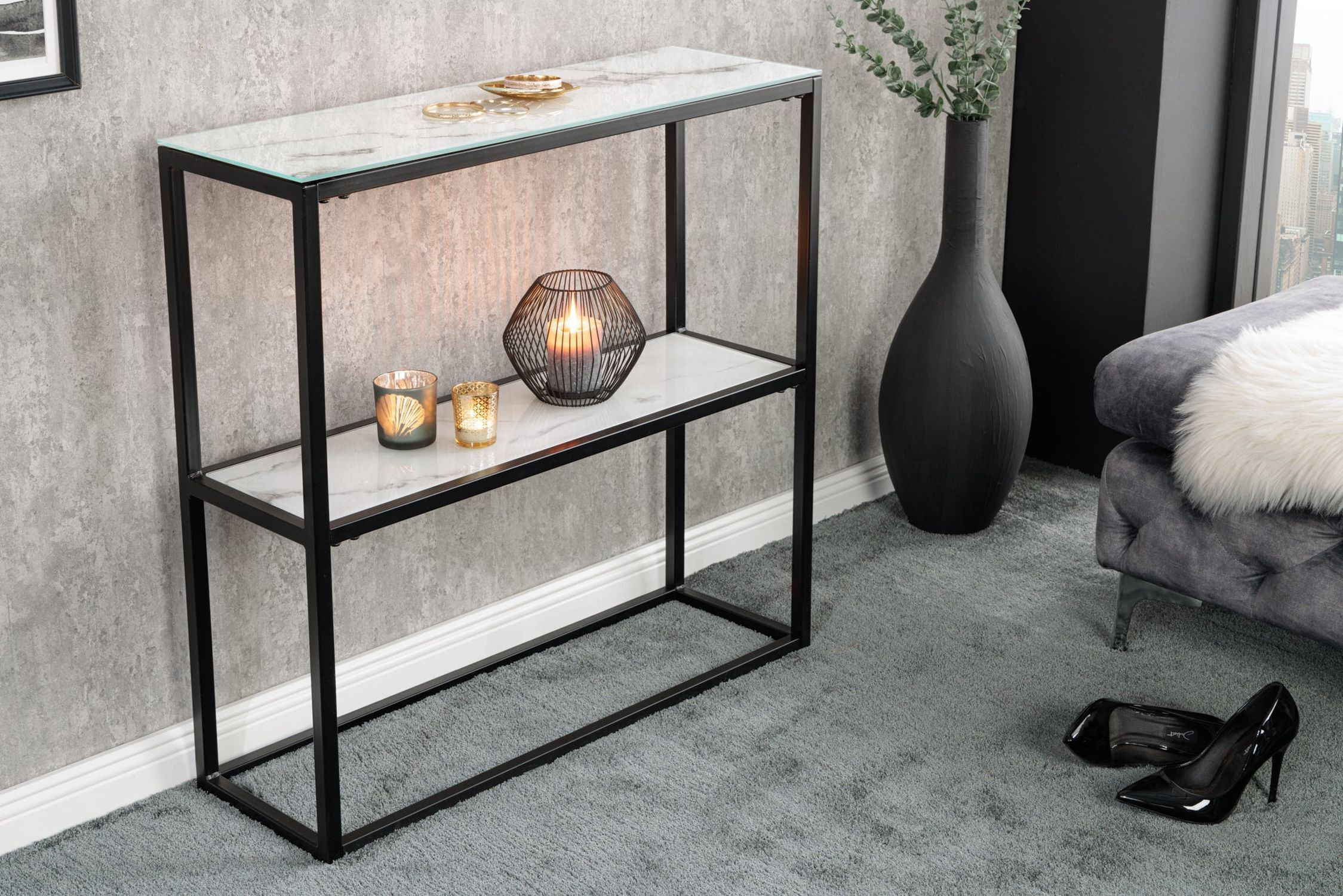 Table console verre trempé métal blanc noir 80 cm