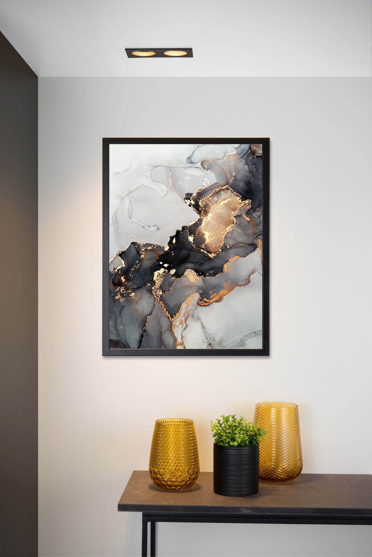Einbauspot Metall Schwarz GU10 modern edel rund abstrakte Kunst, gerahmtes Druckwerk, Marmor Muster, Gold Akzente, Konsolentisch-Dekor