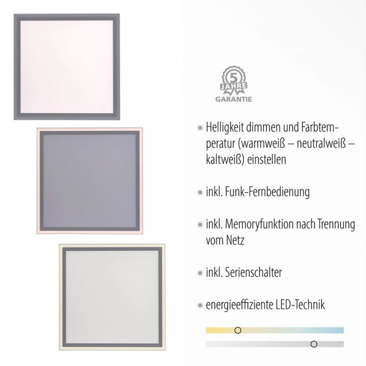 Dimmbare LED Deckenleuchte Fernbedienung 2700-5000 K Weißes Brett, Seite, Text