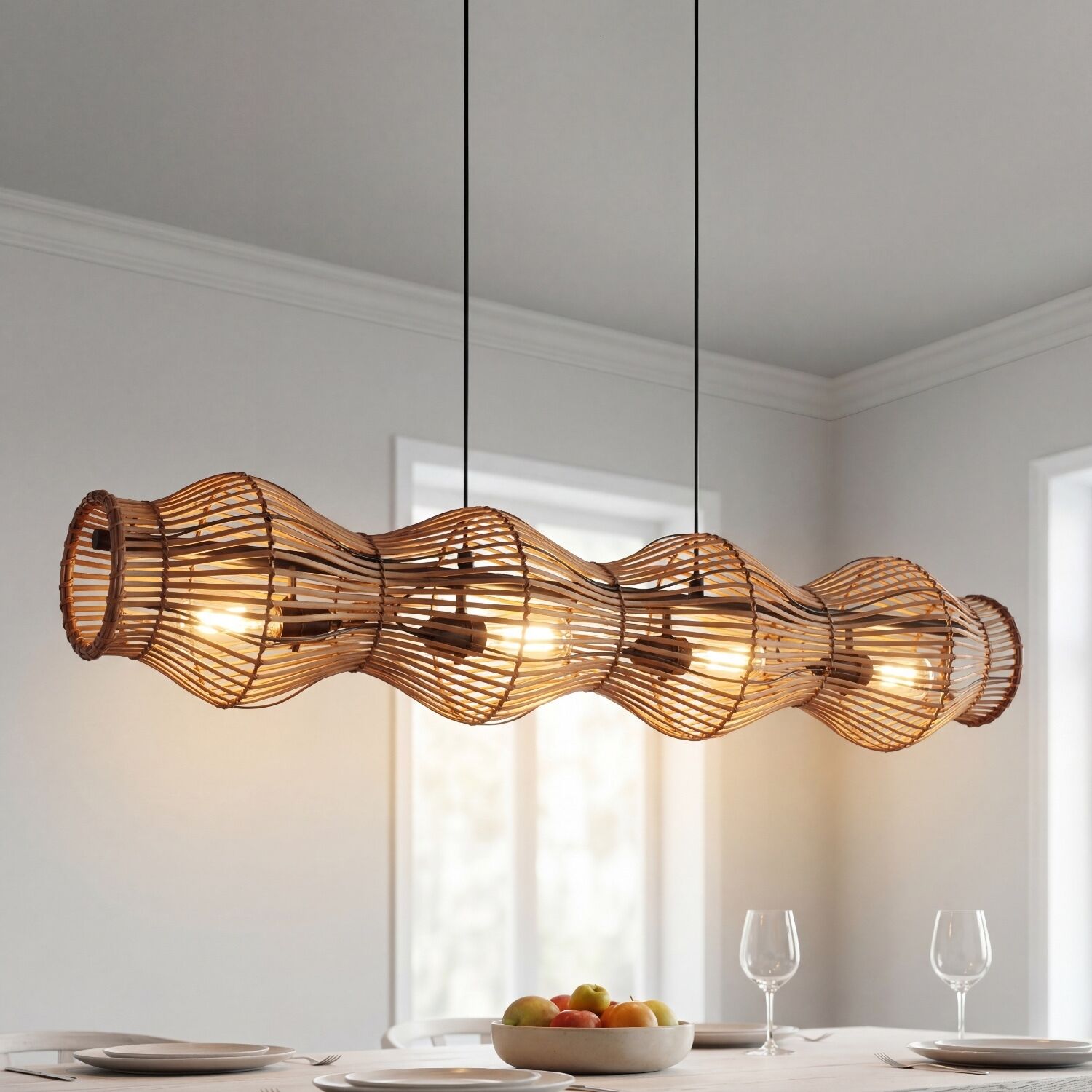 Hängelampe, Pendelleuchte, Holzlampe, Wellenform, Korbdesign