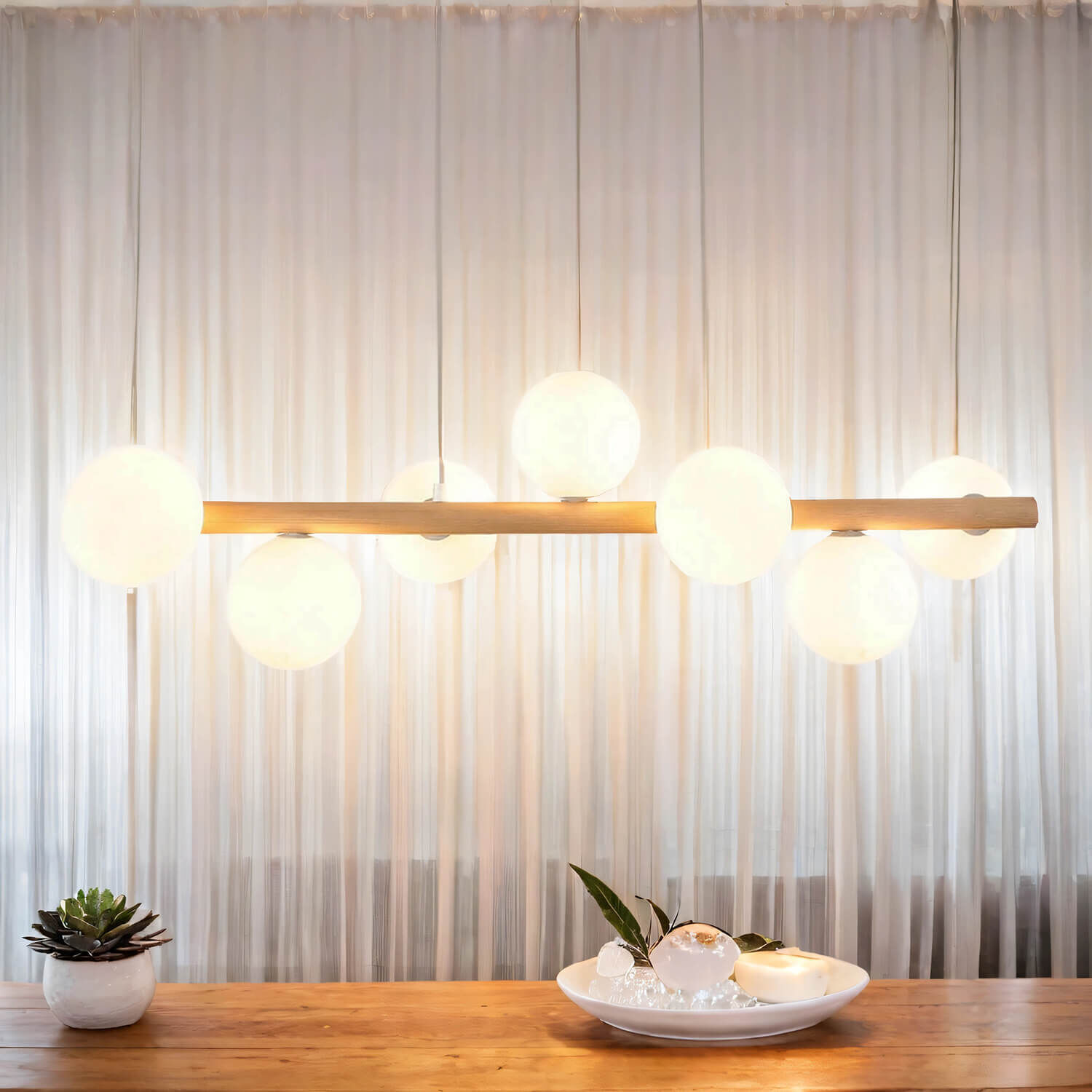 Lampe à suspendre bois métal verre L : 90 cm 7x G9 Moderne