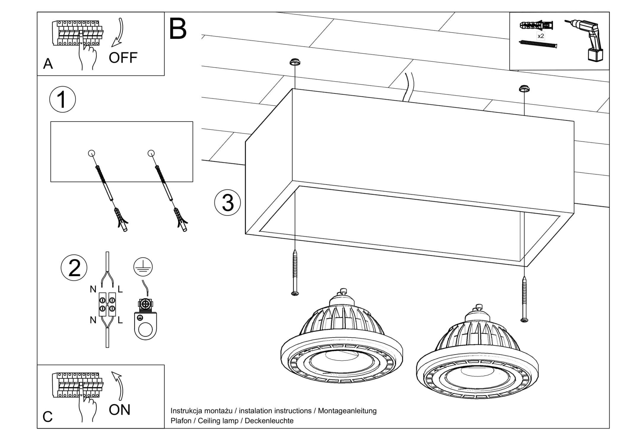 Spot de plafond intérieur béton 27 cm de long carré 2 flammes GU10