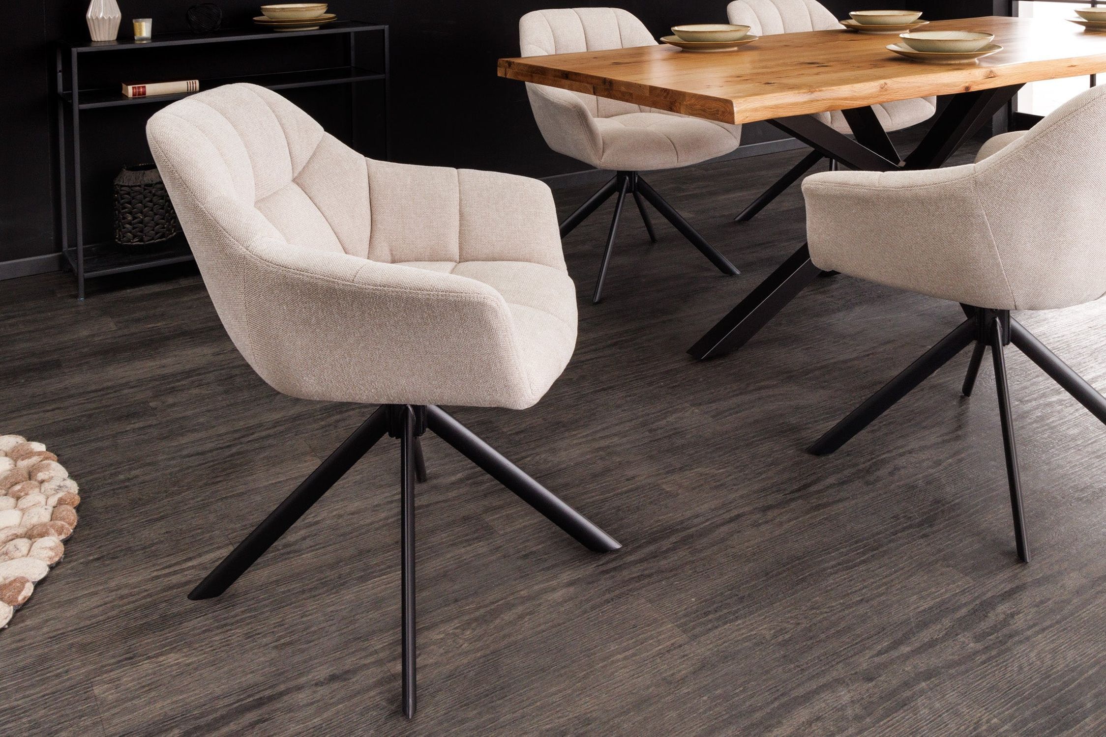 Bürostuhl ohne Rollen Creme Beige Schwarz Stoff Metall Retro
