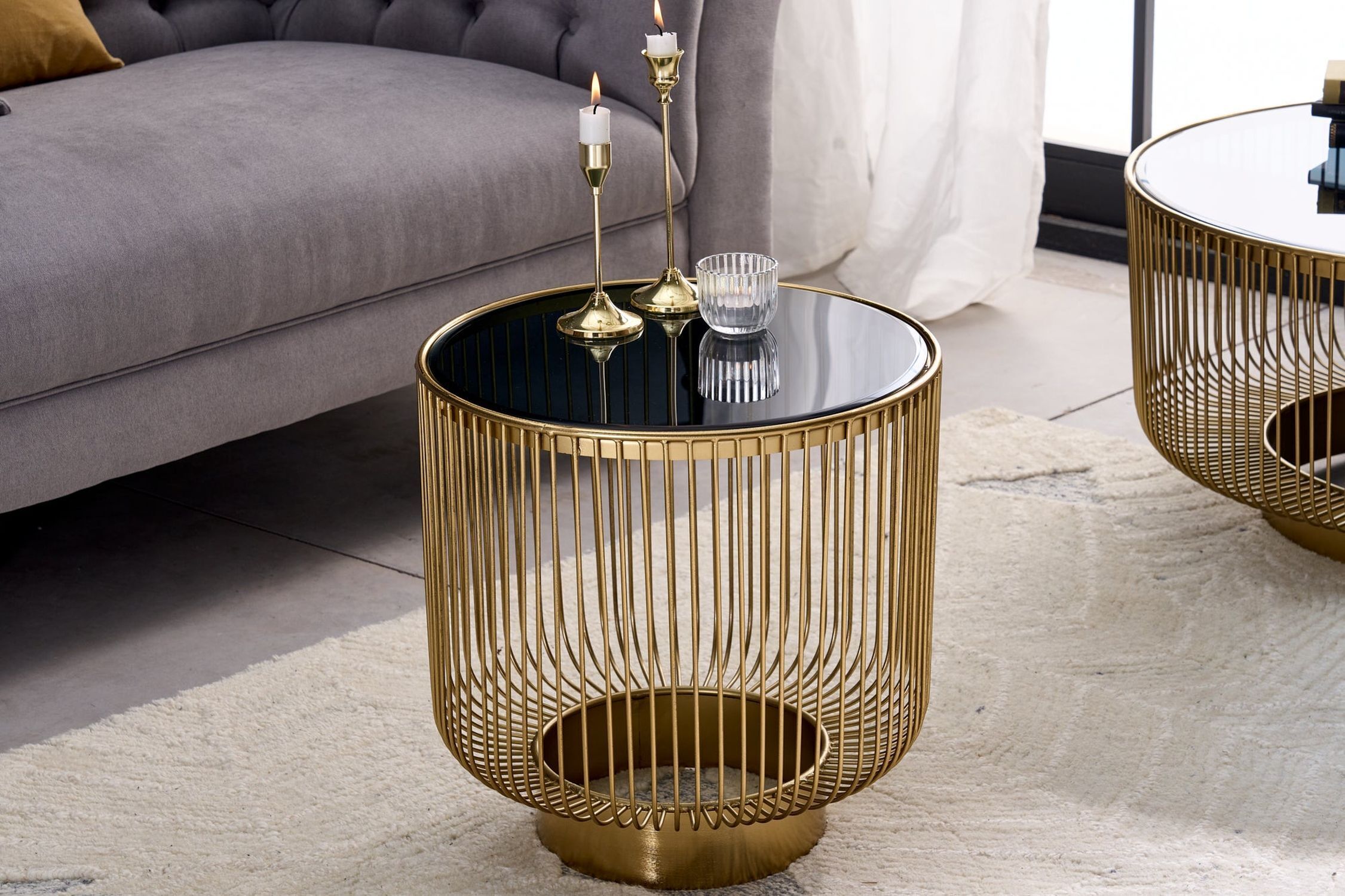 Table d'appoint or noir ronde Ø 41 cm verre trempé métal Kaffeetisch, Mobiliar, Tabelle, Tischplatte