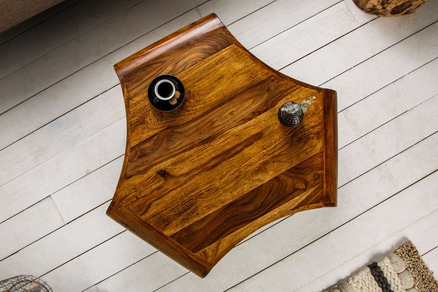 Table basse en bois de sheesham métal 90x80 cm en noir naturel Hartholz, Gebeiztes Holz, Holz, Drinnen, Innenarchitektur