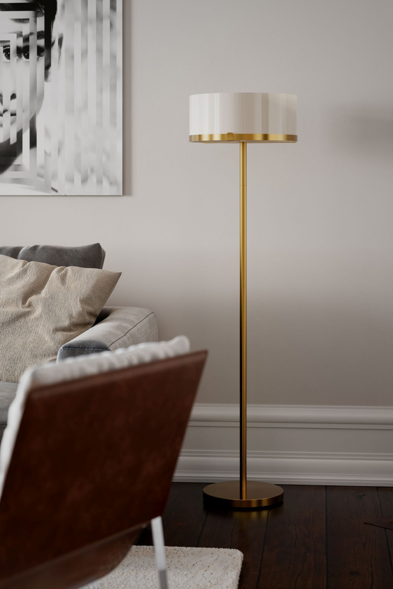 Stehlampe Metall Glas 150 cm hoch in Messing Weiß E27 Lampe, Stuhl, Mobiliar, Stehlampe