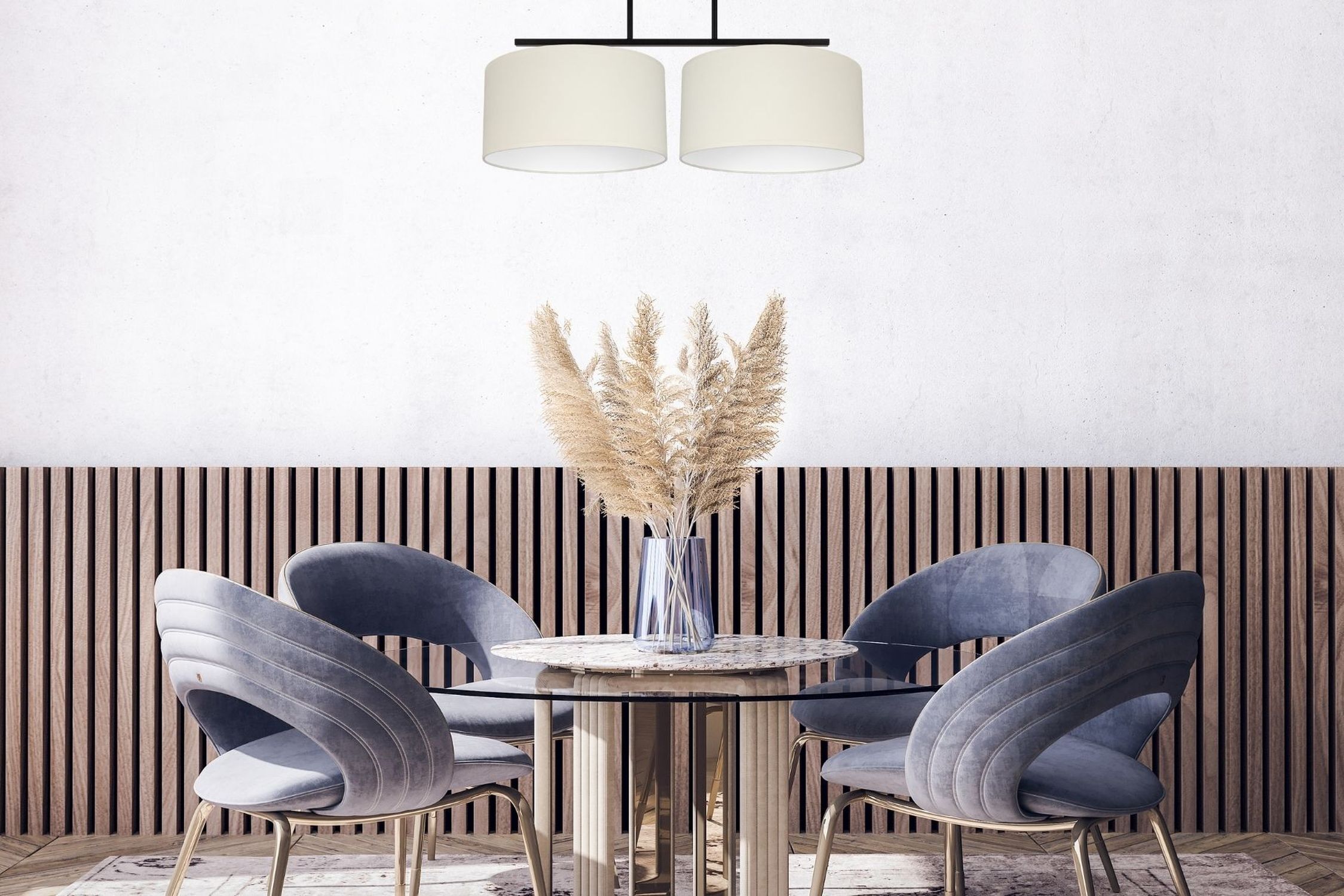 Deckenleuchte Stoff blendarm Schwarz Creme E27 L:70 cm Esstisch, Stühle, Vasen-Dekor, Pampasgras, Holzwand