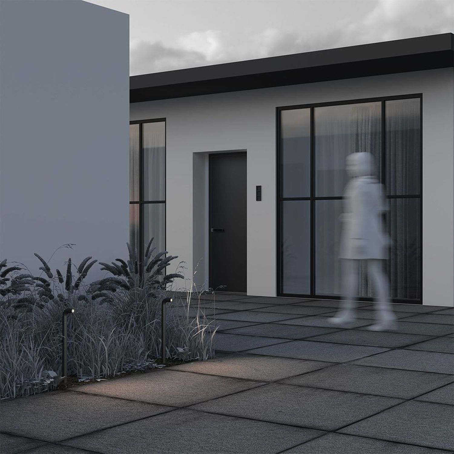 haustür, modernes haus, fronttür, großes fenster, front patio lighting