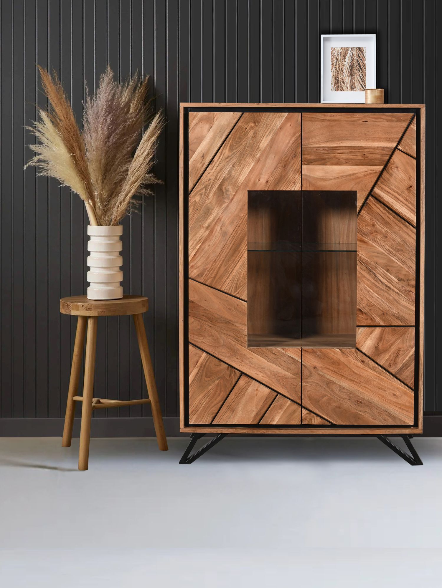 Vitrine bois verre métal hauteur 150 cm Nature Noir Moderne Innenarchitektur, Holz, Hartholz, Mobiliar, Anrichte